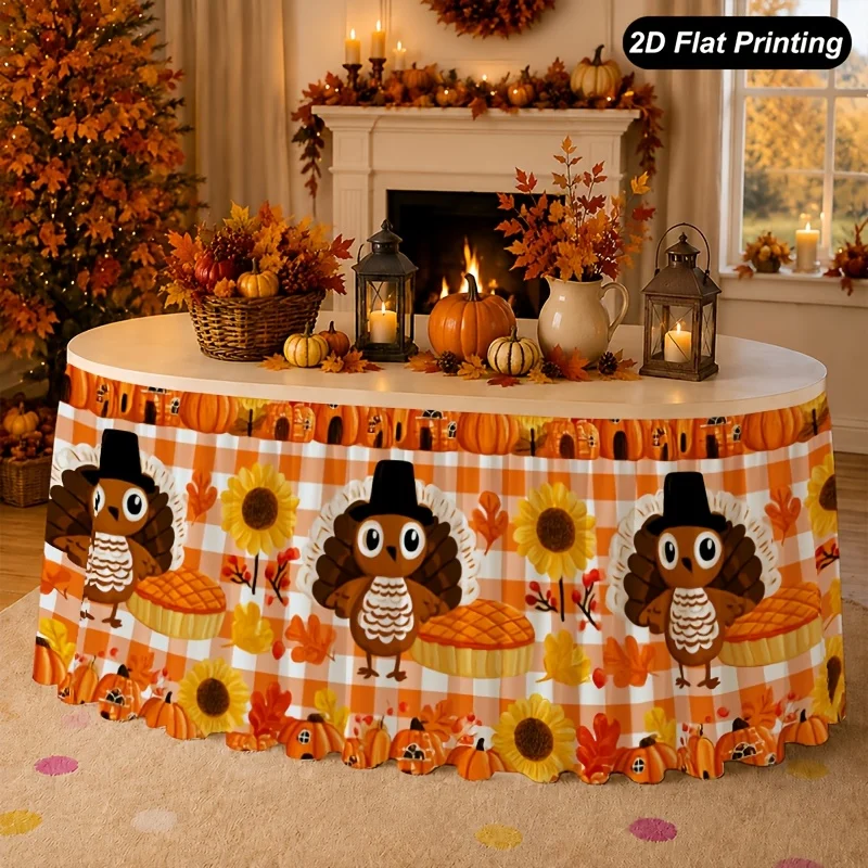 One piece 2D flat autumn table flag - Barn Owl Pumpkin Check Tablecloth Suitable for