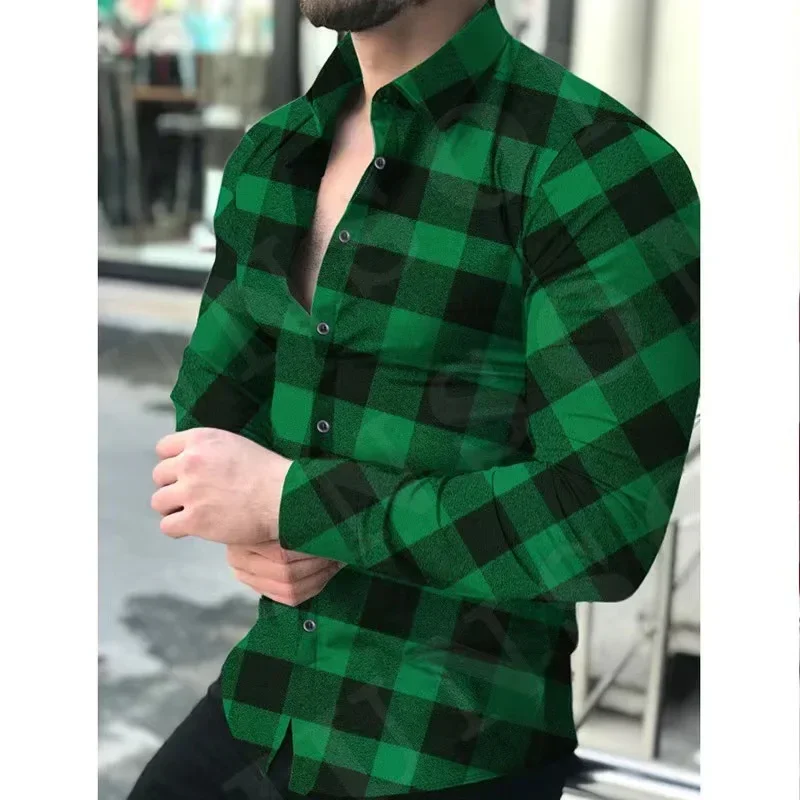 2024 New Best-selling Fashion Casual Minimalist Men\'s Shirt Plaid Stripe Spring/summer Men\'s Lapel Button Long Sleeved Shirt 6XL