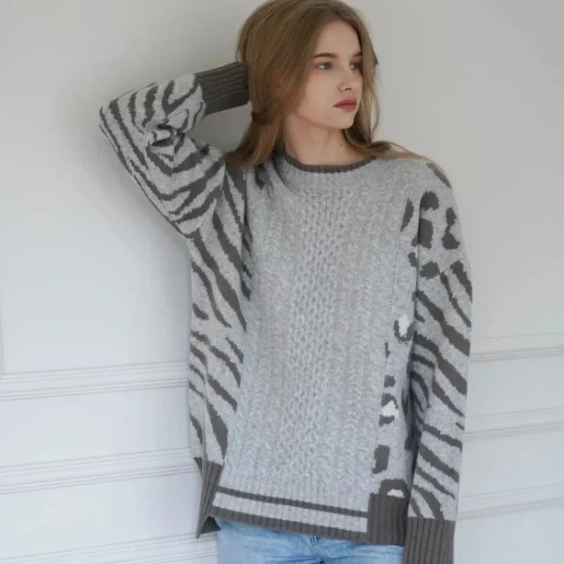 

Women's Fall/Winter Sweater Irregular Pattern Splicing Half High Neck Crew Neck 100% Sheep Wool Pullover Oversize Wool Coat