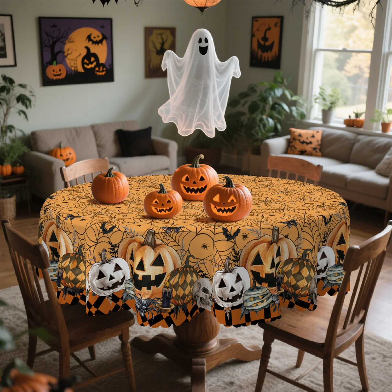 Grid spider web skeleton candle bat Halloween tablecloth - Washable table decorationzyc