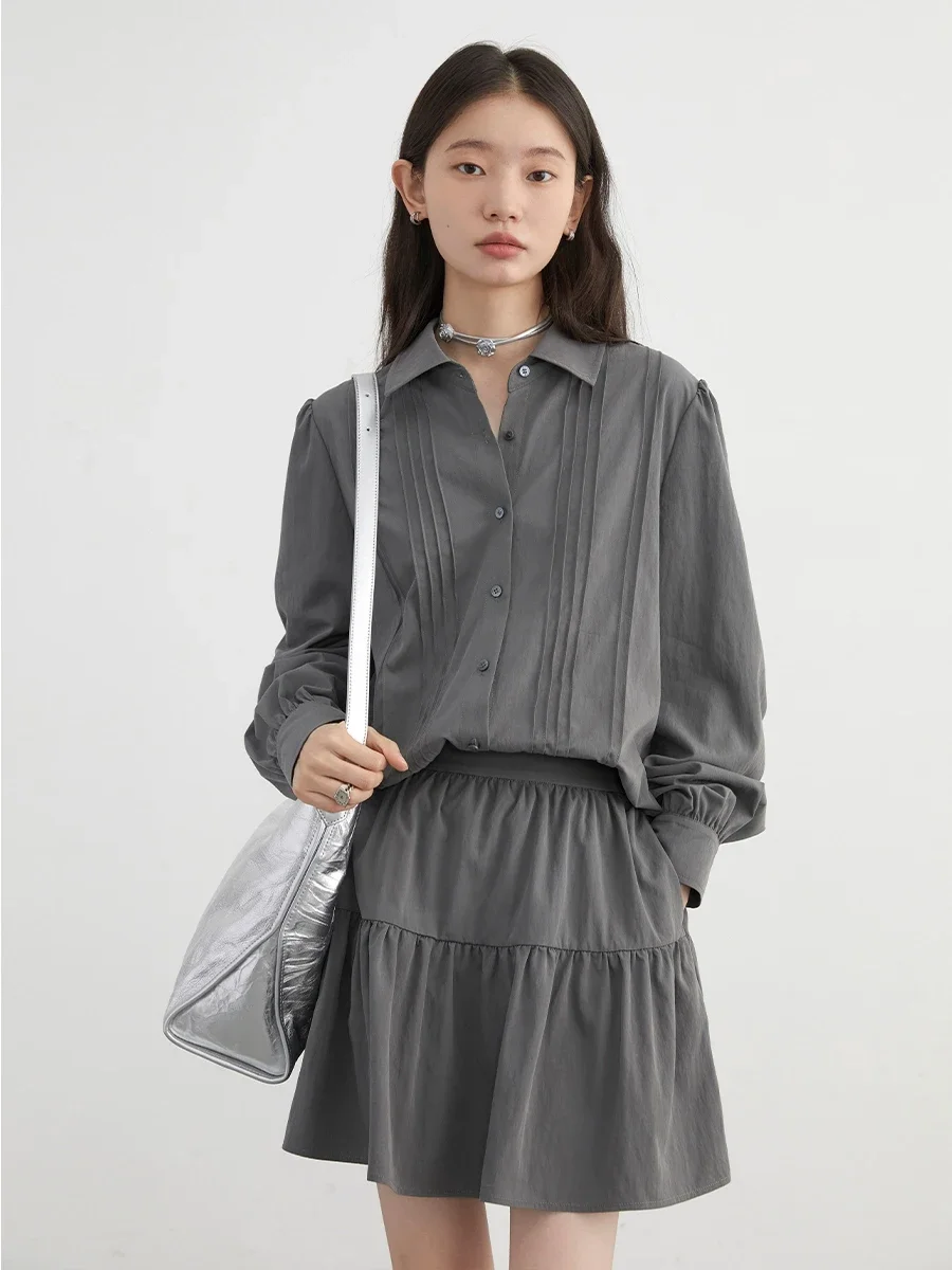 CHIC VEN Women Skirt Set Loose Casual New Textured Pleated Long Sleeved Shirts A-line Female Blouse Spring Autumn 2024