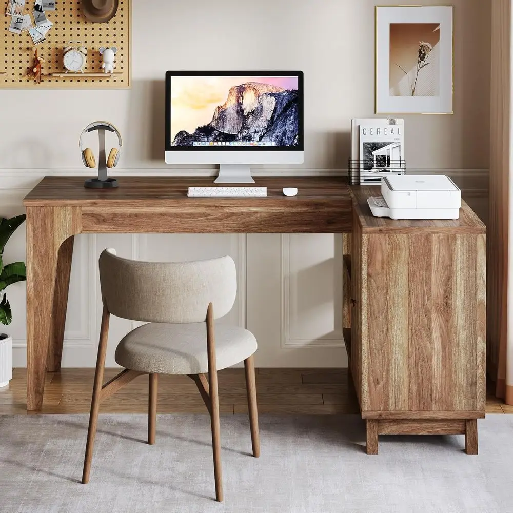 L-Shaped Desk with Storage Cabinet, 57-Inch Wood Corner Workstation, Home Office Computer Desk, Study Writing Table
