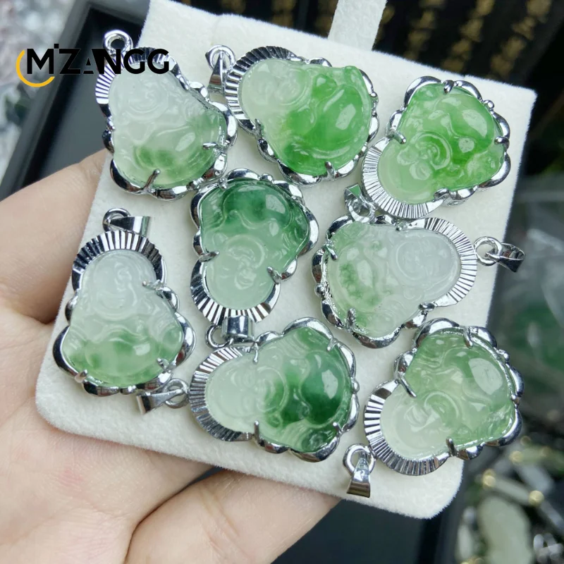 925 Silver Inlaid Jade Buddha Necklace Jadeite Ice Mini Maitreya Buddha Personalized Pendant Lucky Amulet