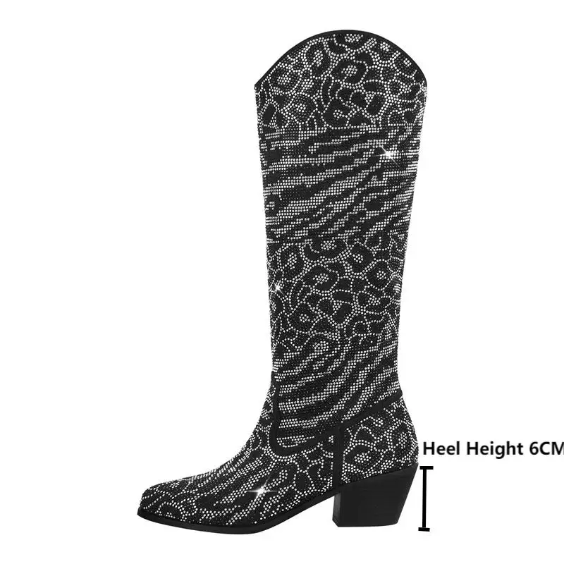 Onlymaker Women Western Cowboy Boots Pointed Toe Knee High Boots WWide Calf   Block Heel Pull-On Cowgirl Boots