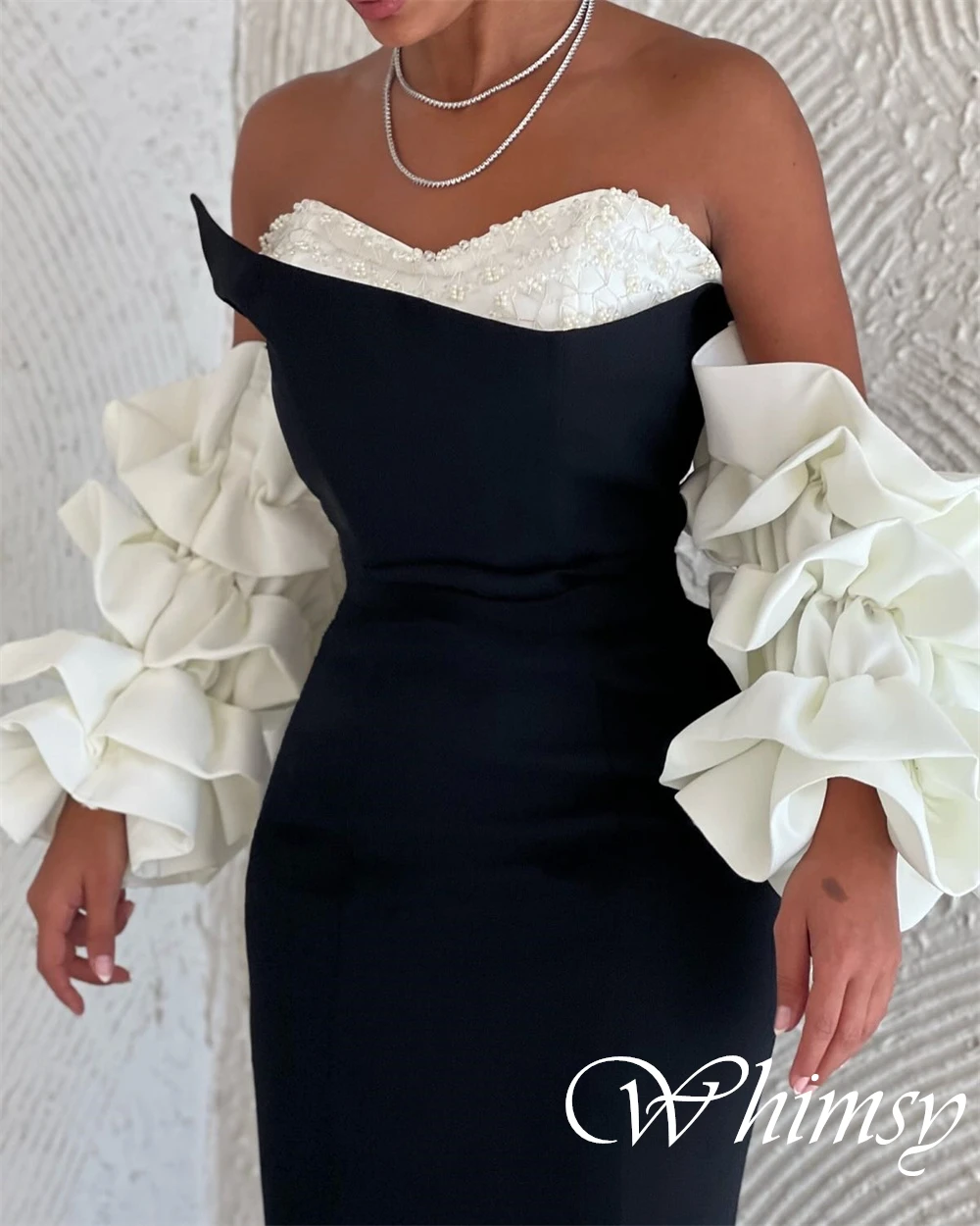 Customized Sweetheart Detachable Sleeve Cocktail Dress Mermaid Floor Length Black Evening Dress Contrast Color Zipper Back