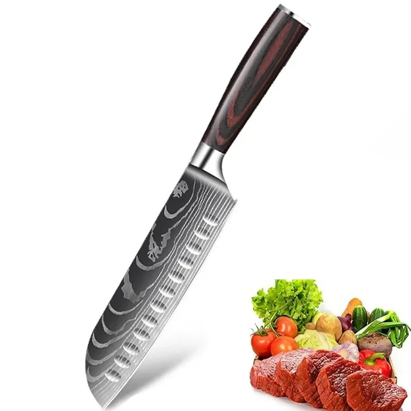 Carbon Steel Santoku Kitchen Knife for Home Restaurant Razor Sharp Japanese Chef Ergonomic Handle Laser Damascus Boning Knife