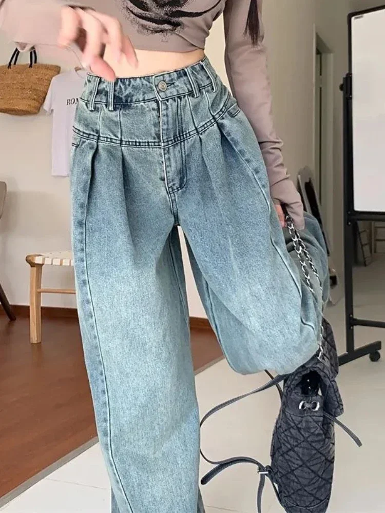 Vaqueros de pierna ancha para mujer, estilo coreano, cintura alta, ropa de calle Vintage elegante, pantalones holgados universitarios sencillos que combinan con todo