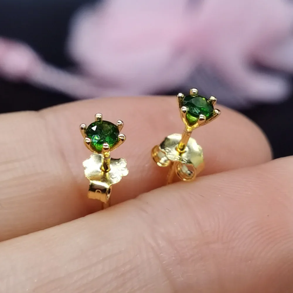 100% Real Chrome Diopside Stud Earrings for Woman 3mm Total 0.2ct Diopside Earrings 925 Silver Jewelry 3 Layers 18K Gold Plating