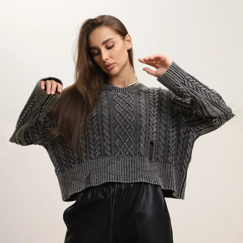 

Round-neck Ripped Short Crop Sweater Loose and Laid-back Style Autumn Winter Trendy Sweater for Women with Unique Design Sense