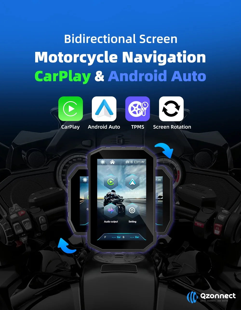 

Qzonnect 5 Inch Rotatable Vertical Horizontal Motorcycle Screen Wireless CarPlay Android Auto Link to Phone No Independent GPS
