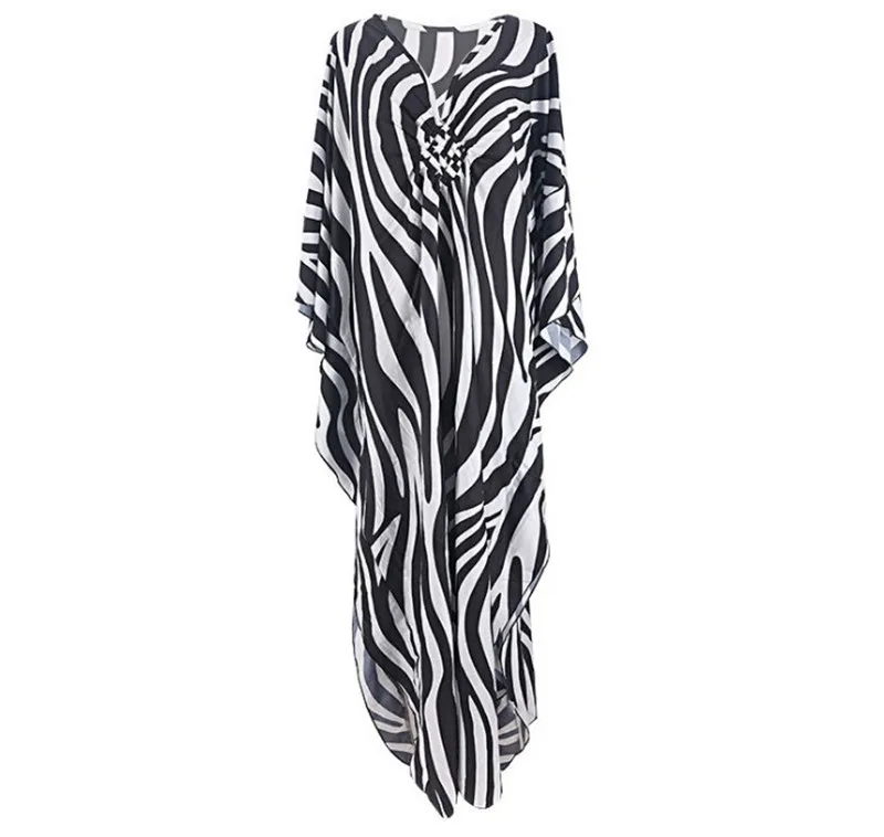 Loose Kaftan Leopard Summer Beach Dress V Neck Long Tunic Women Beach Wear Swim Suit Cover Up Robe De Plage