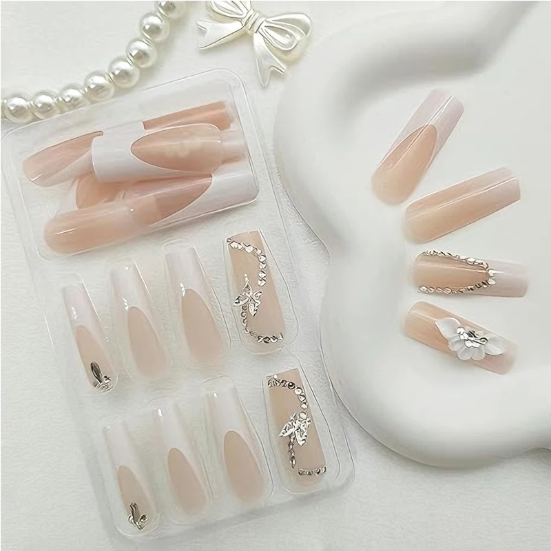 

24 PCS White Flower Diamond Butterfly Nail Art, Long Length Long Water Pipe Fake Nails,Square Head Nail Tips False Nail