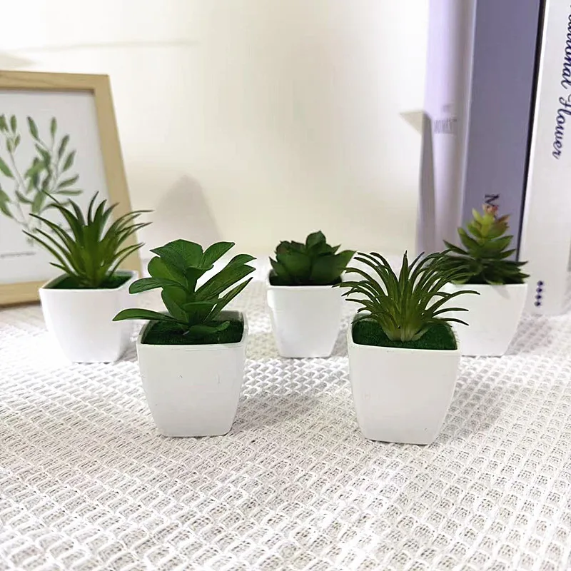 Artificial Succulent Potted Plants, Mini Fake Greenery in White Square Pot for Home Decor, Wedding Decoration, Back School Gift.