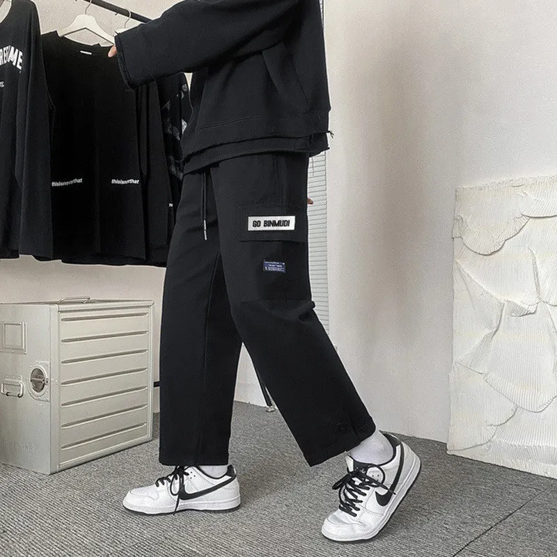 Spring Autumn Casual Print Patchwork Cotton Wide Leg Pants Man Loose Y2k Pocket Hip Hop Cargo Straight Male Trousers Streetwear