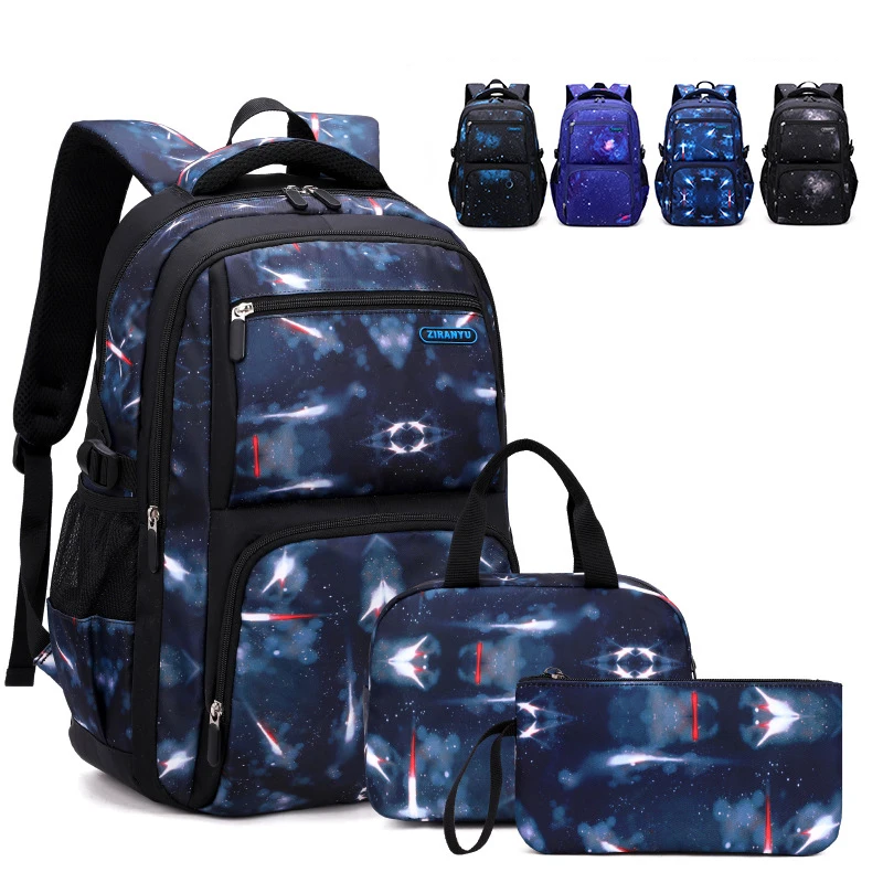 Ensemble de 3 pièces de sacs à dos d'école pour enfants, sac à dos à motif ciel étoilé pour étudiants, sac d'école pour garçons avec sac à déjeuner, trousse à crayons