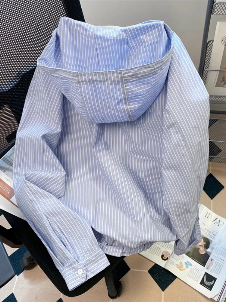 هودي نسائي فضفاض مخطط بأكمام طويلة، ملابس كاجوال للربيع والخريف، ملابس خارجية عصرية مريحة للتنقل، نمط كوري...