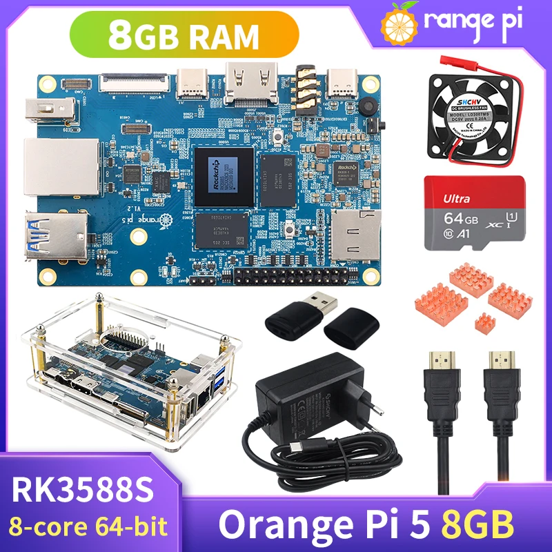Orange Pi 5 8GB RK3588S 8-Core 64-Bit PCIE Module External WiFi BT Gigabit Ethernet Optional Power Supply Acrylic Case Heatsinks
