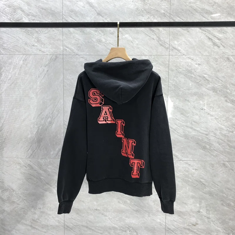 24FW Best Quality Classic Red Letter Logo Print Saint Hoodie Hooded Men Women Hip Hop Vintage Washed Black Oversized Pullovers