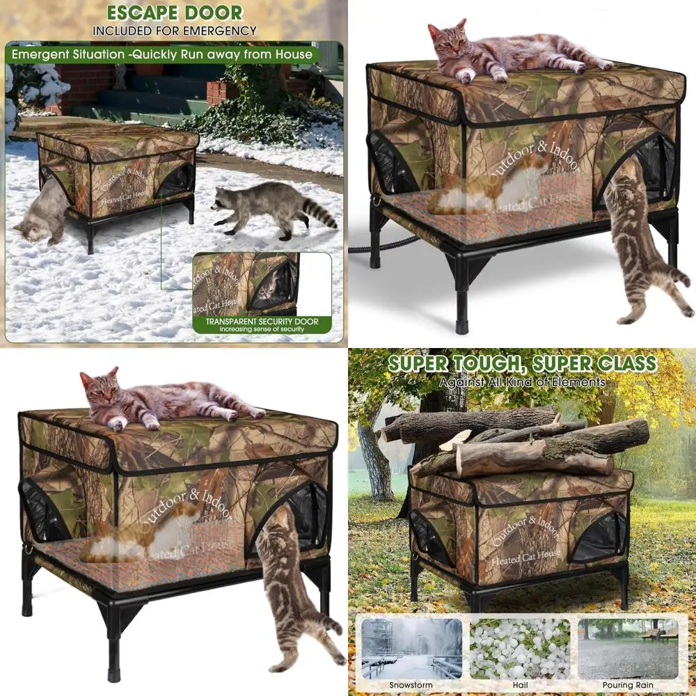 

Insulated Outdoor Cat Shelter with Heating Pad, Dual Doors, Waterproof Elevated Kitty House (Camouflage, 21.5x16.5x18)