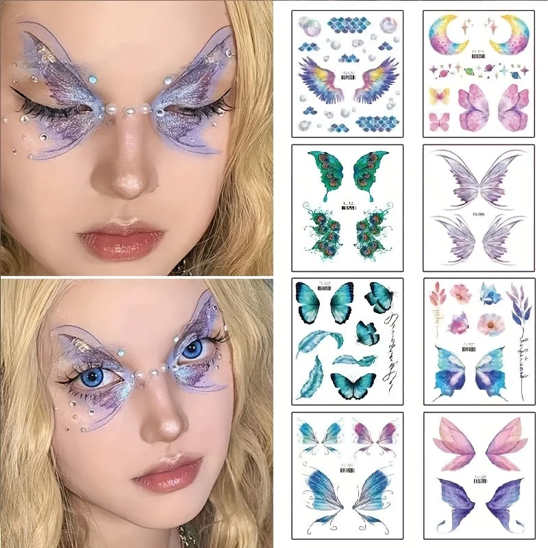 Tatuaje de alas de mariposa con purpurina, pegatinas faciales de esquina de ojo, maquillaje de ojos, pegatinas DIY, Escala de pescado, pasarela, baile, actuación