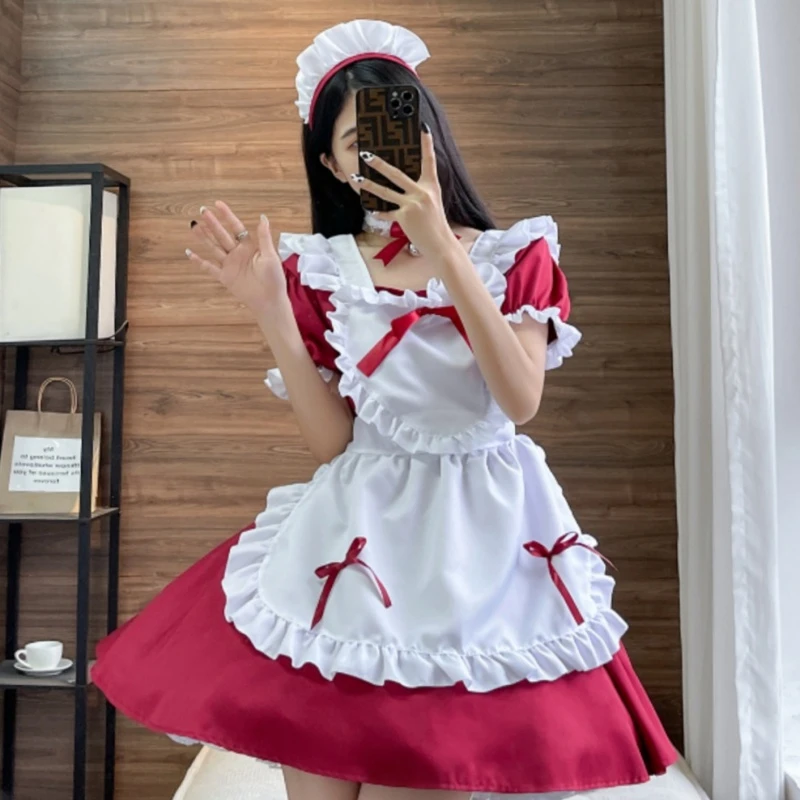 Anime giapponese cameriera Costume Cosplay multicolore dolce fiocco cuore Lolita abbigliamento collo quadrato manica corta vestito da miniera vestiti delle donne