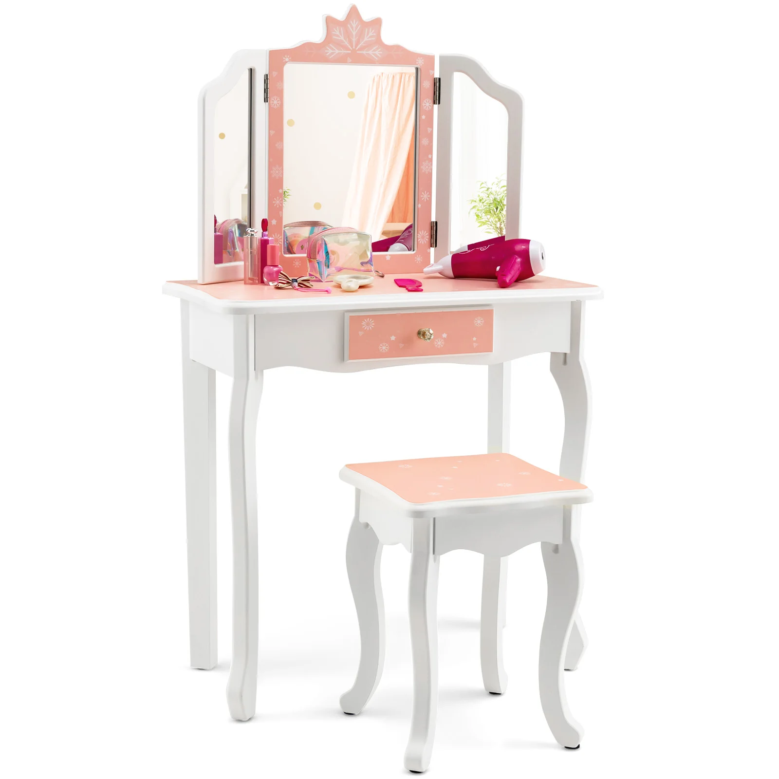 

Kid Vanity Set Wooden Makeup Table Stool Tri-Folding Mirror Snowflake Print Pink