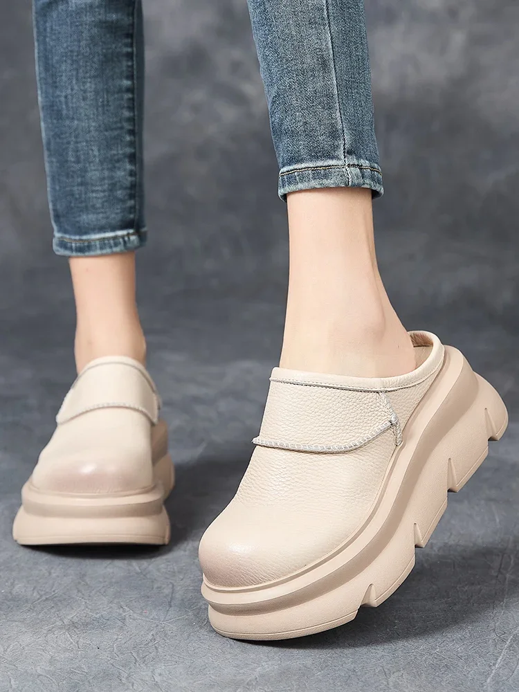 

Birkuir Retro Closed Toe Women Slippers 7cm Thick Heel Wedges Slides Genuine Leather Slip On Platform Big Head Outdoor Slippers