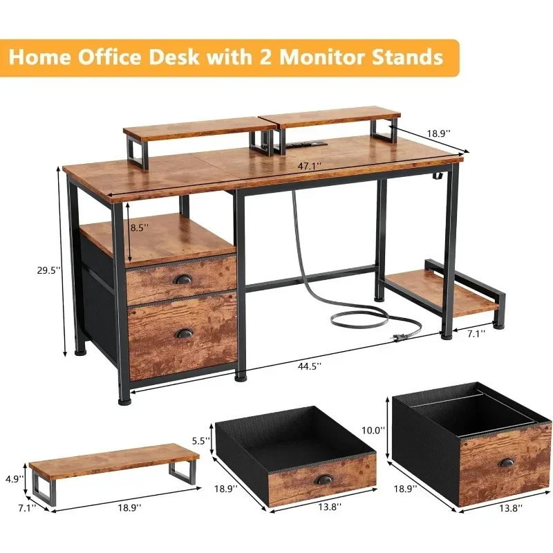 مكتب كمبيوتر ريفي مقاس 47 بوصة، ومحطة عمل مع خزانة ملفات، وحوامل ومنافذ مزدوجة الشاشة