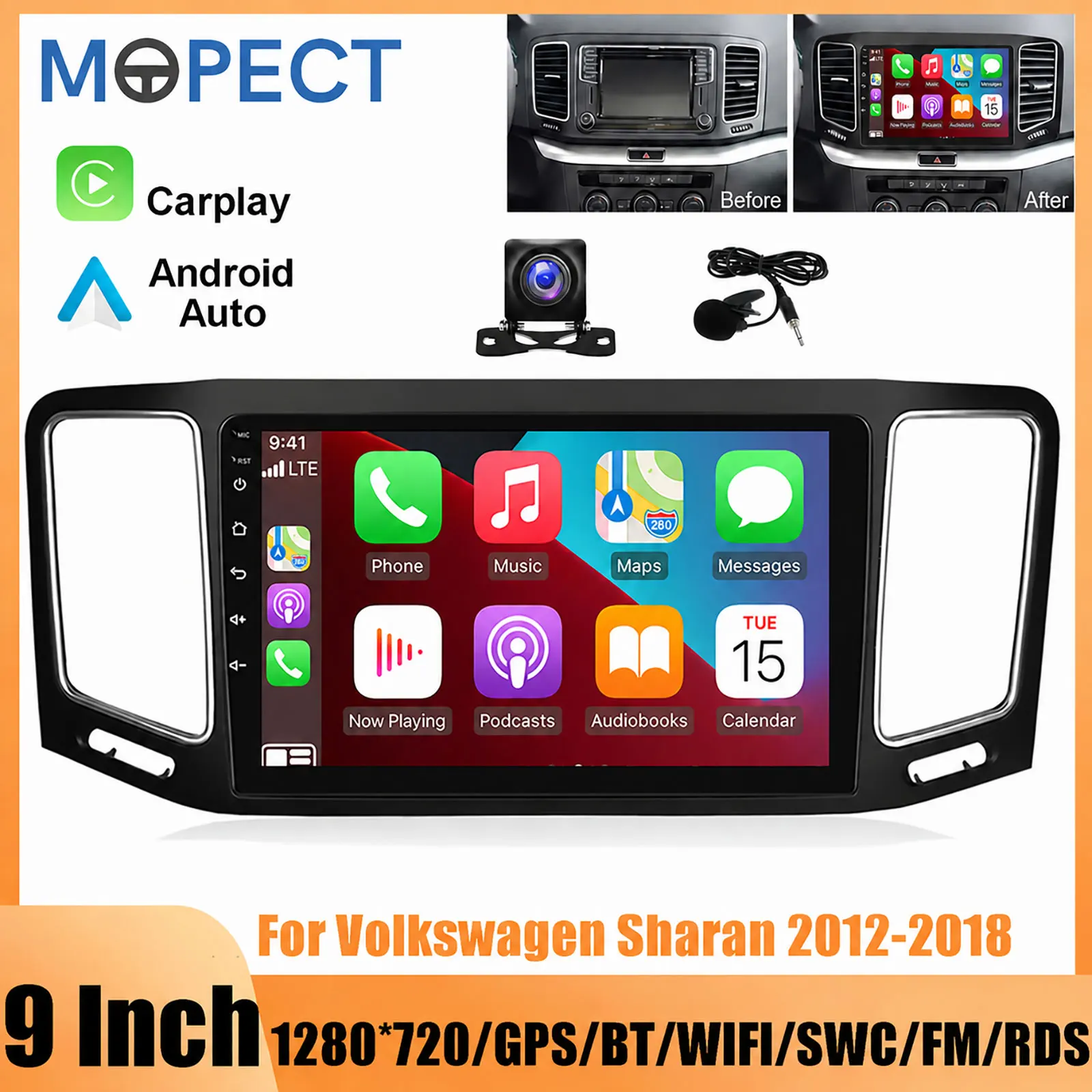 Autoradio MOPECT per Volkswagen VW Sharan 2012-2018, Seat Alhambra 7N 2010-2022, Android 16 6+128G, Carplay, Android Auto, Display, Stereo, Autoradio, Navigazione GPS, Lettore Multimediale, Sistemi