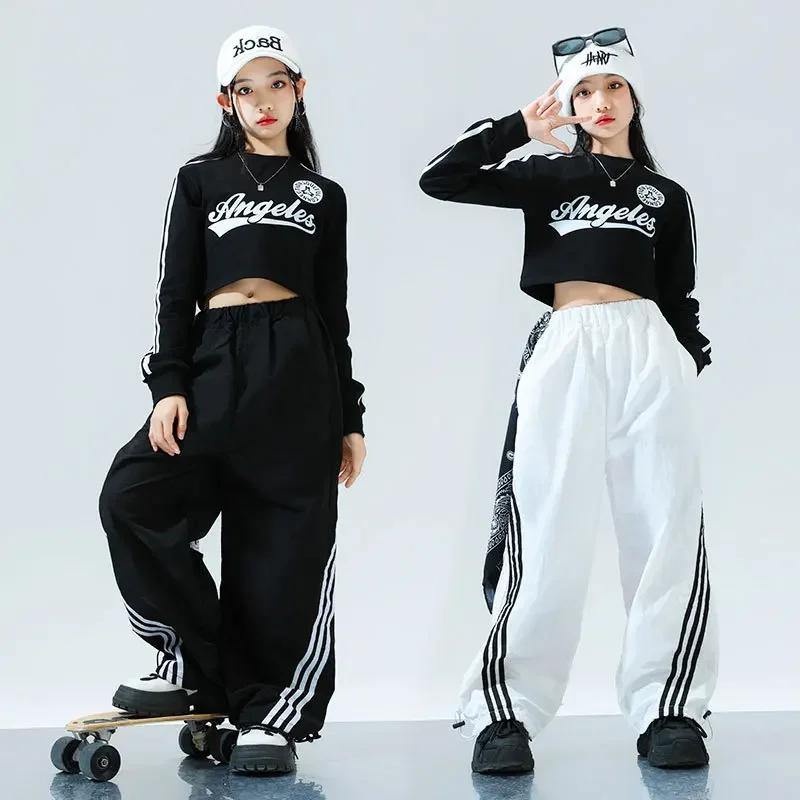 New Girls' Hip-hop Performance Clothes Jazz Umbilical Vest Long-sleeved Suit Korean Children's Black Clothing Autumn and Spring