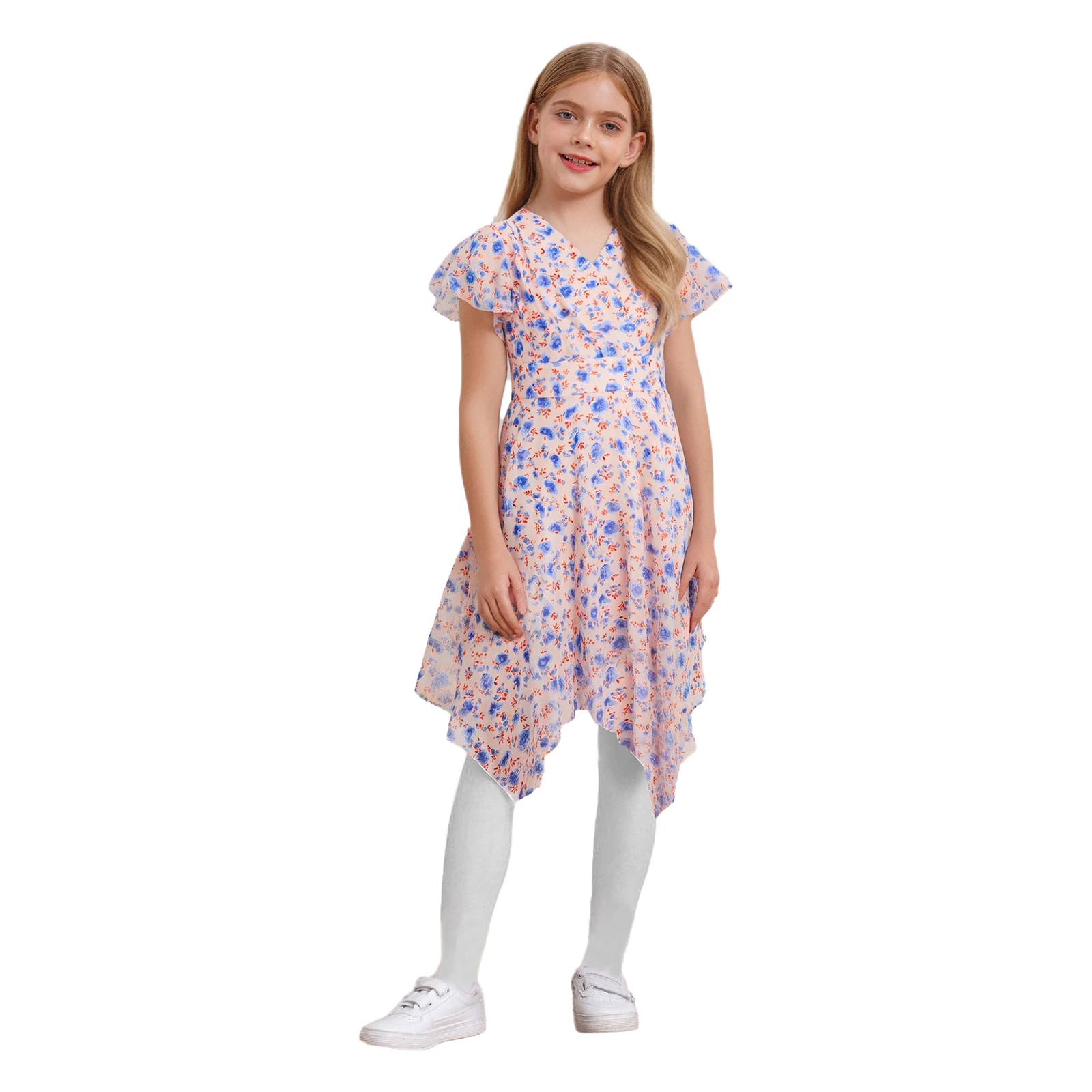 

Kids Girls Floral Chiffon Dress Birthday Party Flower Girls Dress Sweet Flutter Sleeves Pleated High Waist Irregular Hem Dress