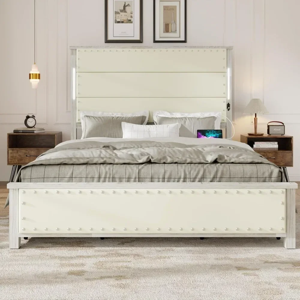 Queen  Size Bed Frame with Linen Upholstered Headboard Iron Platform Bed with Touch Light Belt Built-in Charging Station