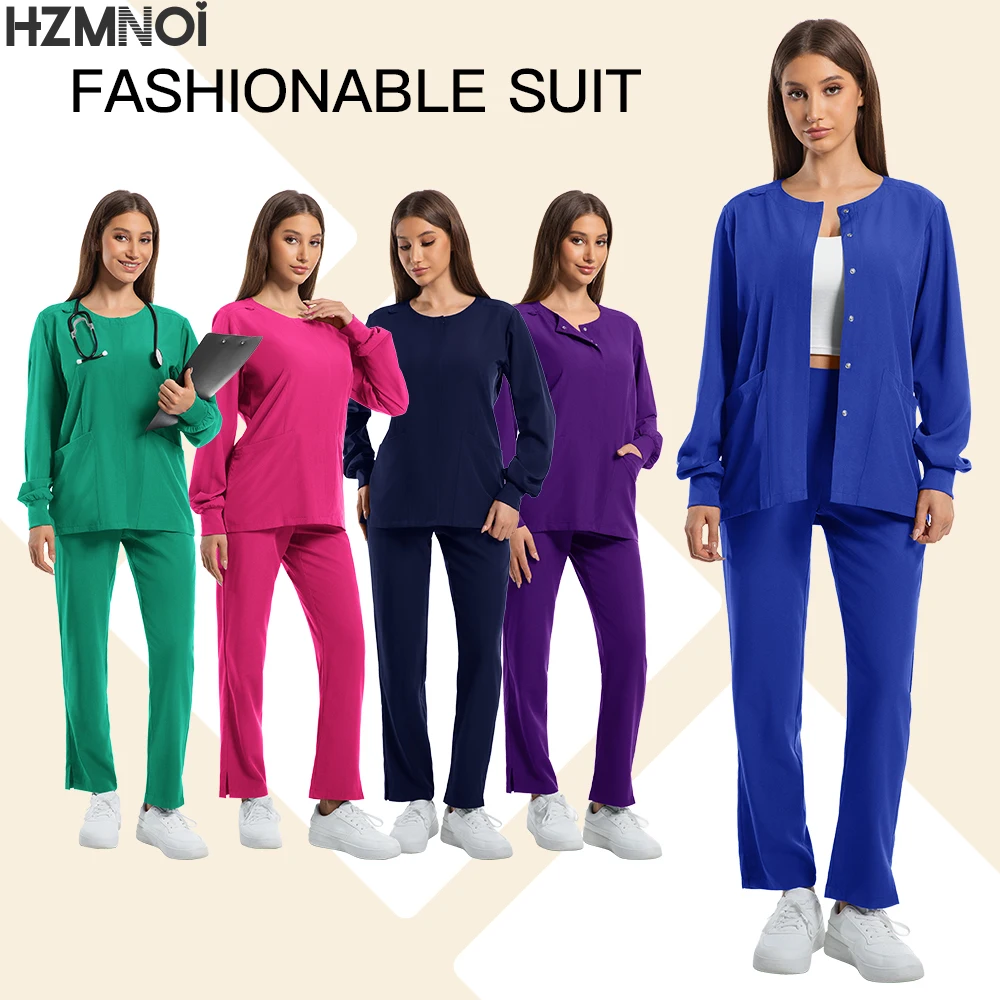 Effen kleur elastische stof lange mouwen scrubs tops scrub broek jogger tandheelkundige apotheek laboratorium operatiekamer werkuniform
