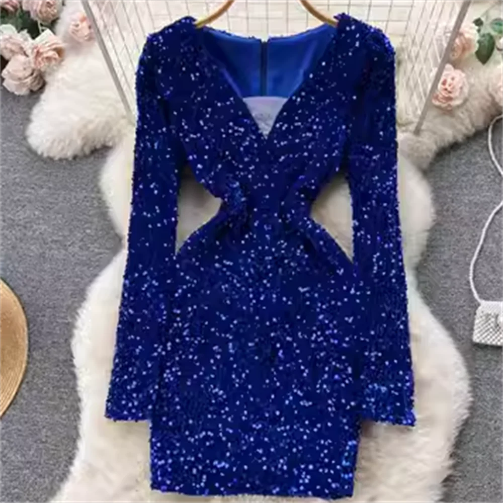 

Autumn and winter new sexy sequins V-neck long-sleeved dress female zip slim party dress