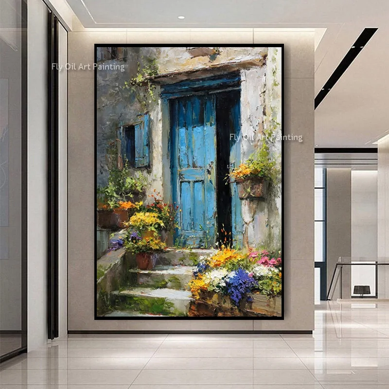 Thick Texture Hand Painted Oil Painting, Rustic European Cottage Blue Door Colorful Floral Alley Canvas Wall Art for Home Decor