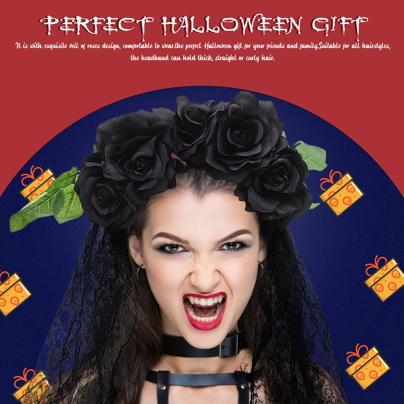 

Halloween Women Rose Floral Headband Creative Unique Hair Accessory for Party Stage Performance Costume Decor Photo Prop Gift