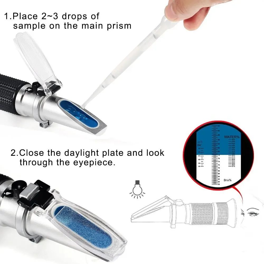 Newest Handheld refractometer Refraction Tools 58~90% Brix 38~43 Be Baume Honey Wine Water Contents (12 - 27%) Refractometer