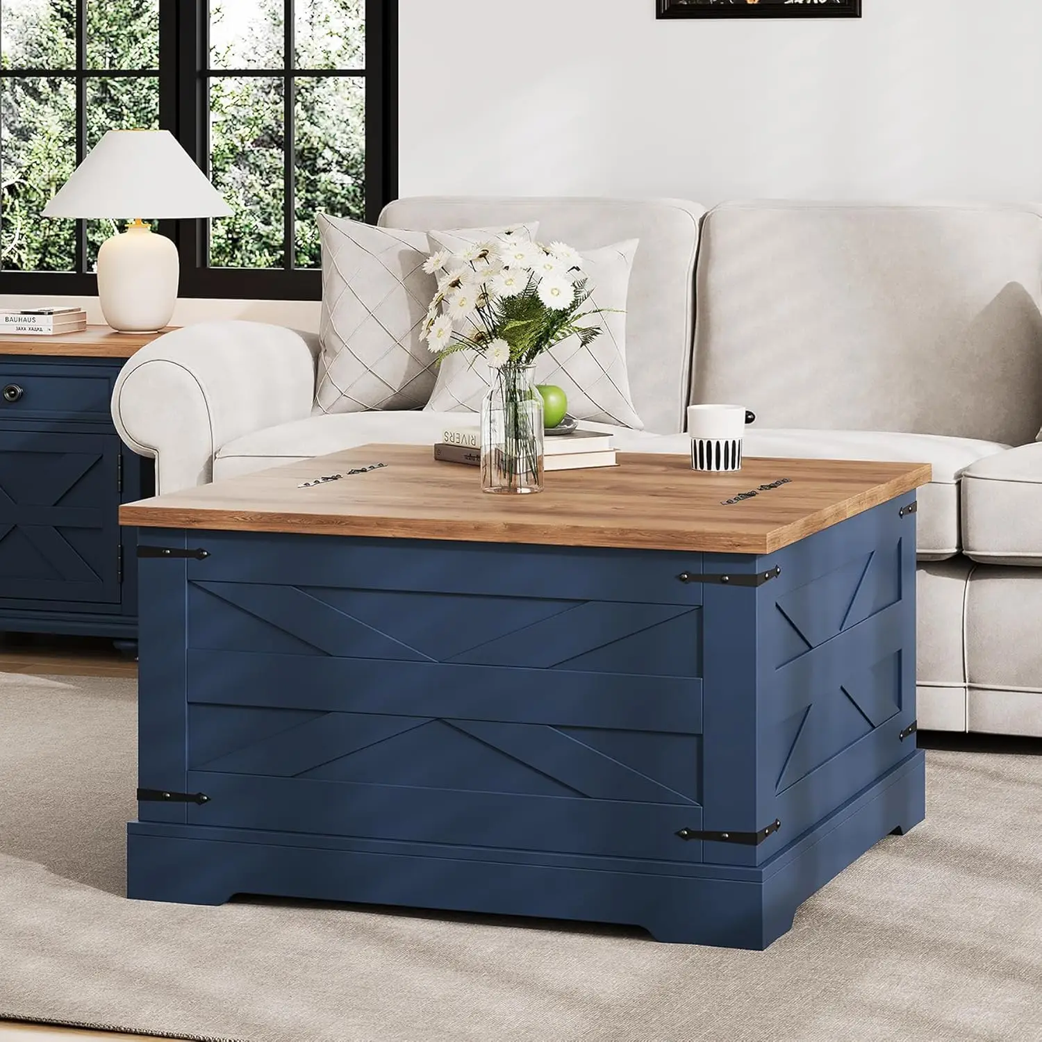 

Farmhouse Coffee Table With Hidden Storage, Navy Blue Square Coffee Table For Living Room, Wood Large Center Table With Hinged L