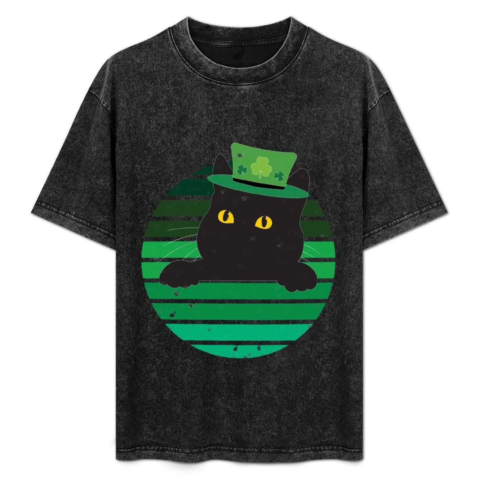 

St Patrick's Day Kitty Retro Sunset T-Shirt Classic Basic Casual T-Shirt