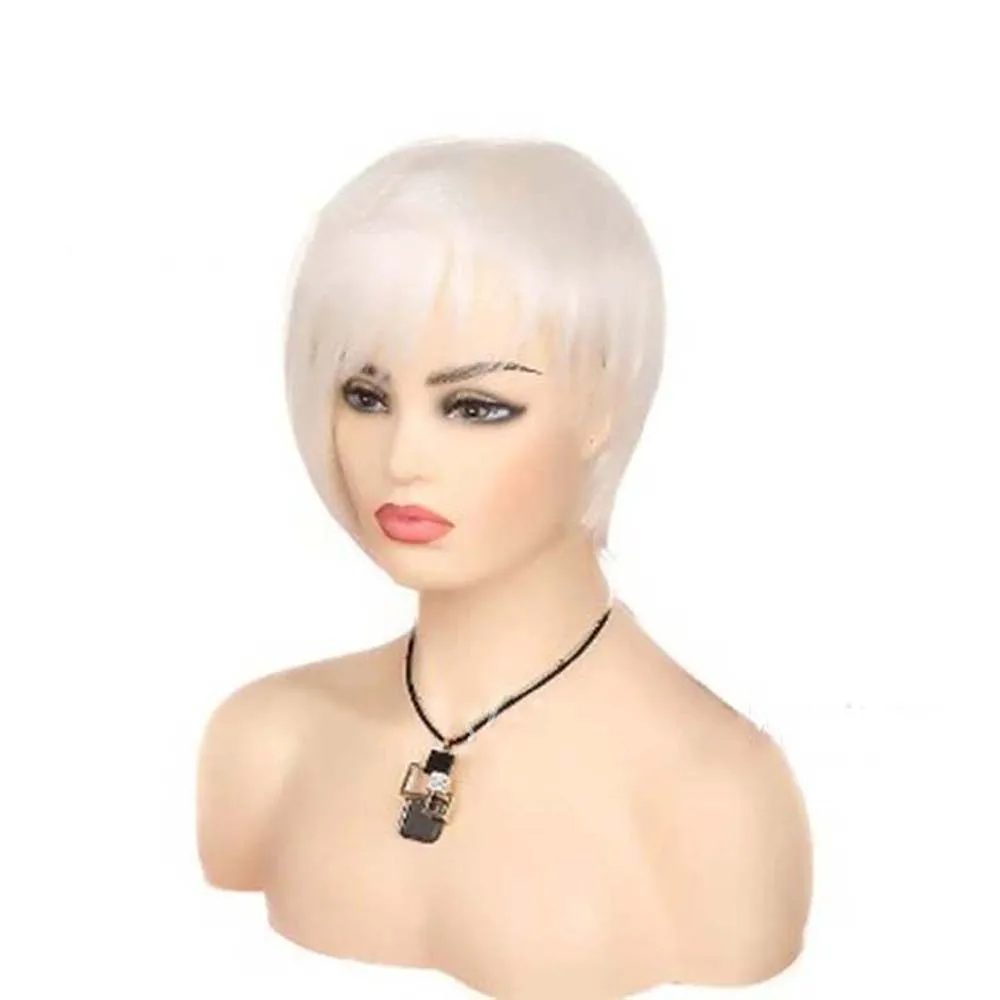 Short Silver Ombre White Synthetic Wig For Women Natural Straight Fluffy Hair With Bangs Heat Resistan Fiber Cosplay Wigs