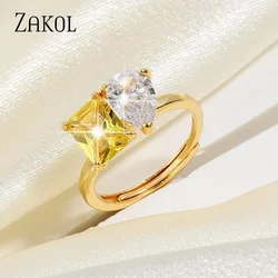ZAKOL Trendy Yellow Squrae Zircon Rings for Women Geometric Water Drop Adjustable Gold Color Ring Bridal Wedding Jewelry