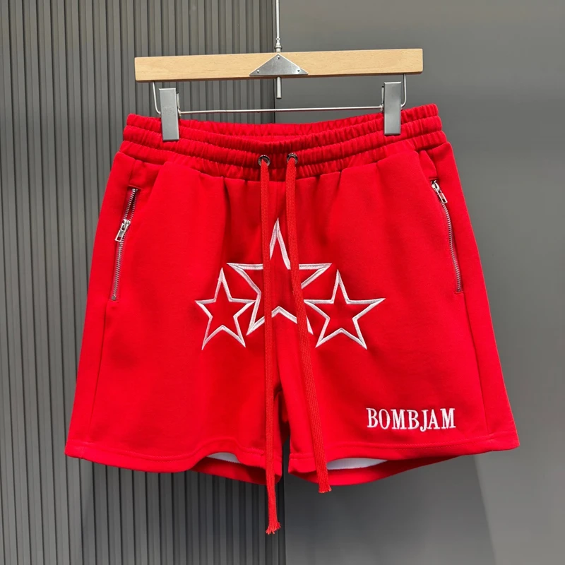 

High Quality Zipper Pockets Embroidery Stars Label Basketball Shorts Men Women Drawstring Loose Straight Shortpants Beach Pants