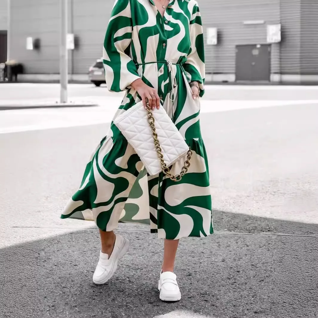 신상 여성 기하학 프린트 벨트 셔츠 드레스 긴팔 버튼다운 캐주얼 시크 & 스트릿 스타일에 이상적