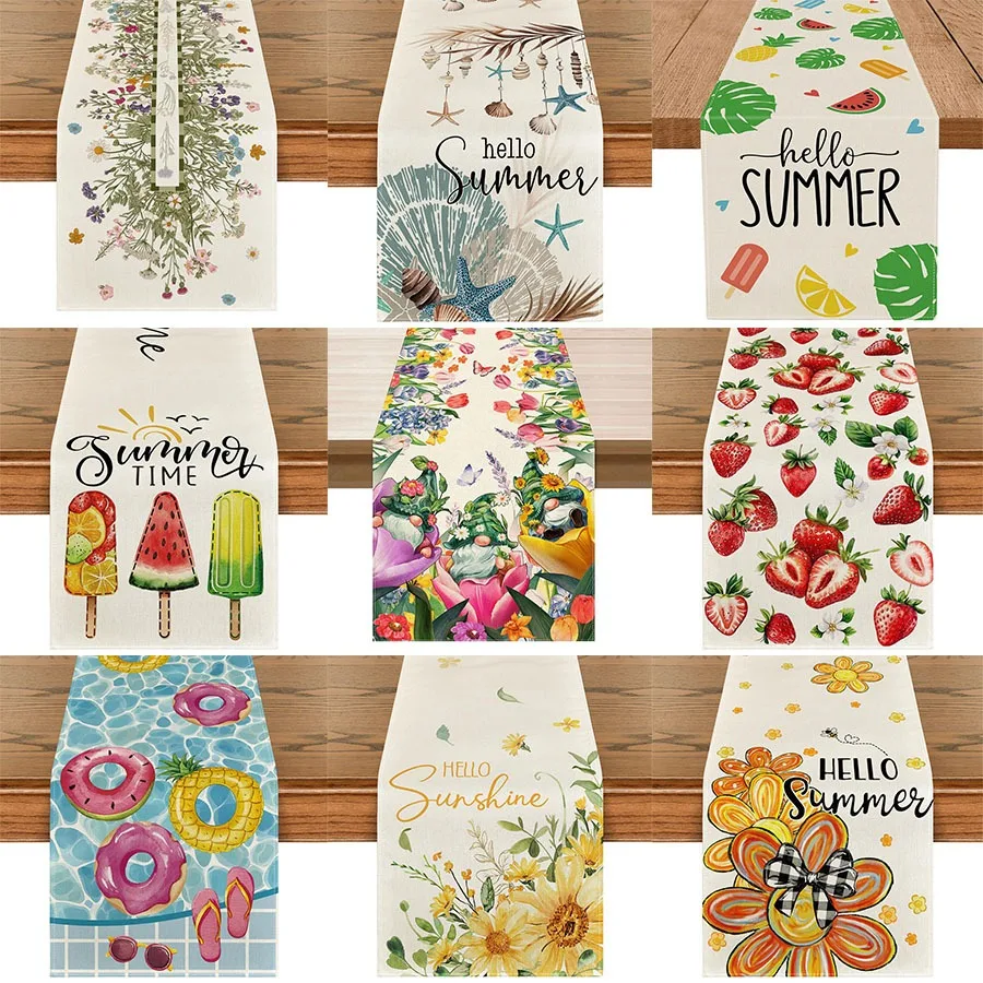 

Hello Summer Table Runner Beach Shell Tropical Fruit Watermelon Table Decor for Kitchen Dining Room Outdoor Picnic Party Home