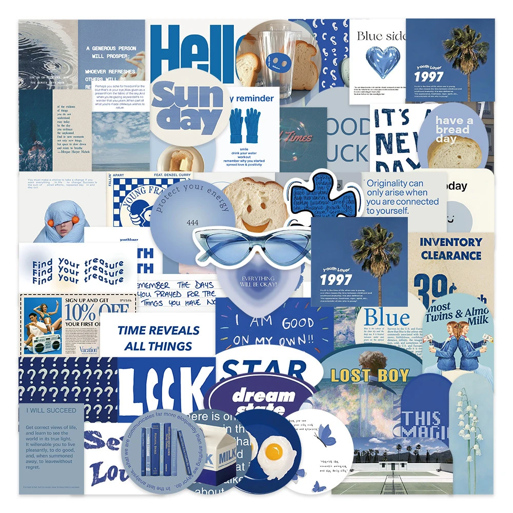 

10/30/57pcs Cute Blue Ins Style Label Graffiti Stickers Cartoon Aesthetic Sticker Scrapbook Luggage Phone Kawaii Decals Packing