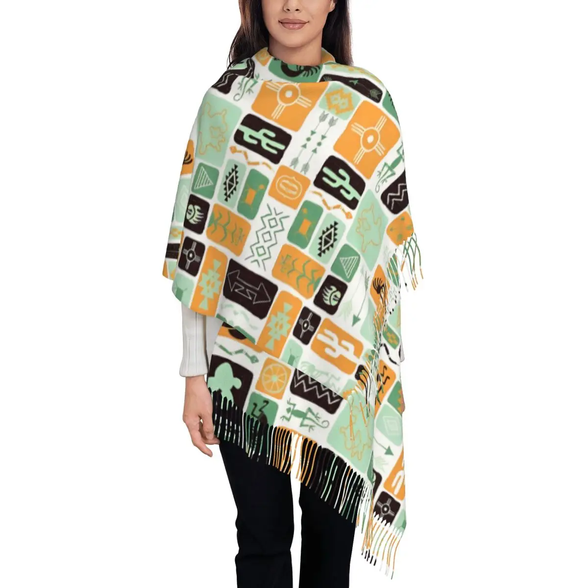 Southwest Dreams Yellow Ocher Scarf Winter Fall Shawls and Wrap Kokopelli African Tribal Long Scarves with Tassel Daily Wear