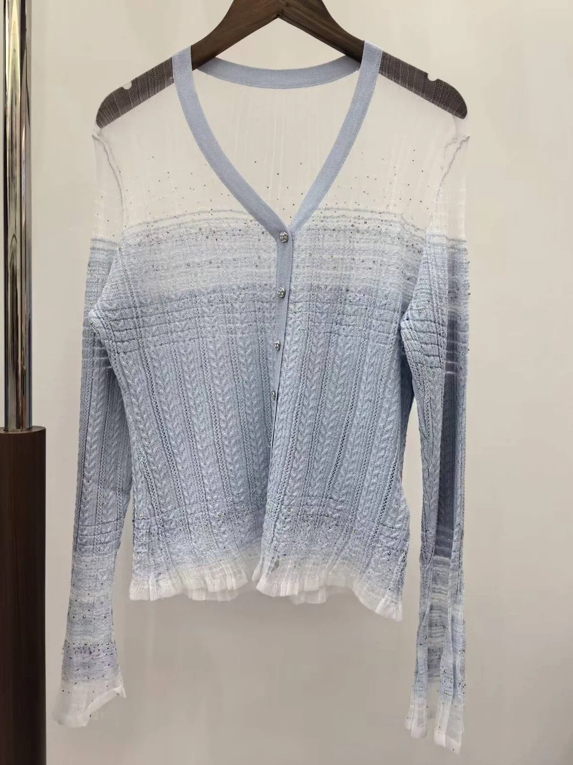 

High-End Summer Heavy-Duty Rhinestone Hollow out Gradient Ice Blue Knitted Cardigan Strap Top Set Women's Fashion Two-Piece Set
