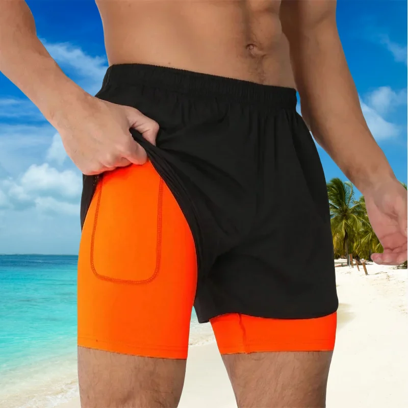 Męskie spodenki do biegania na siłownię, szybkoschnące, czarne, dwuwarstwowe, sportowe, treningowe, do kulturystyki, krótkie spodnie męskie.