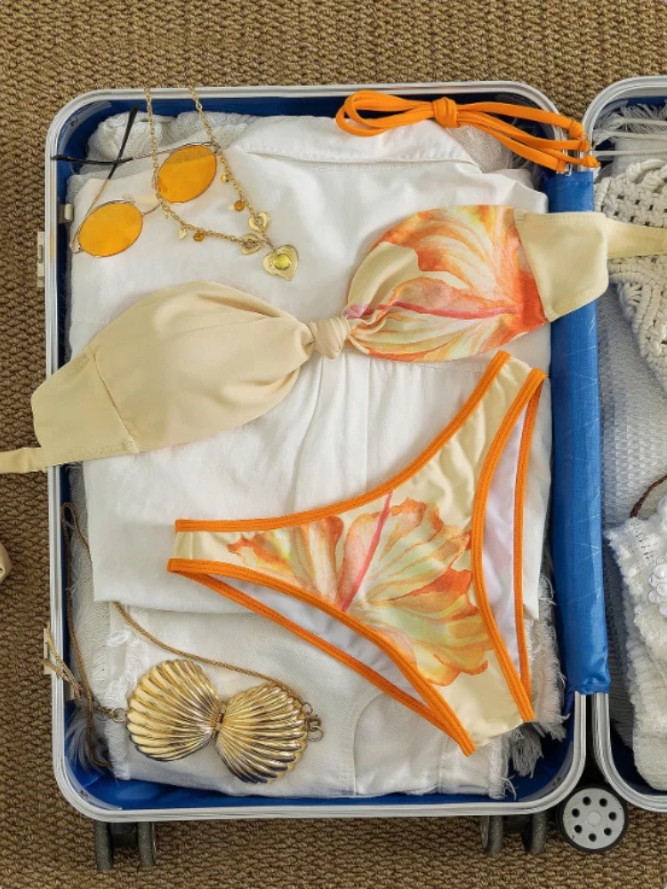 Sexy Orange Floral Print Bikini Set 2027 Women Front Tie Push Up Bra Thong Swimsuit Beach Bathing Suit Holiday Swimwear Biquini