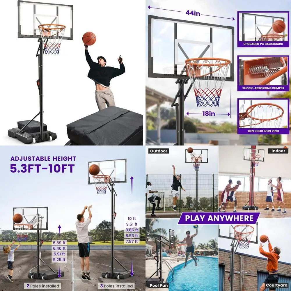 sistema de cesta de basquete ao ar livre com altura ajustável para crianças e adultos - 5,3 a 10 pés, tabela de nível profissional de 43,3 polegadas, ideal para